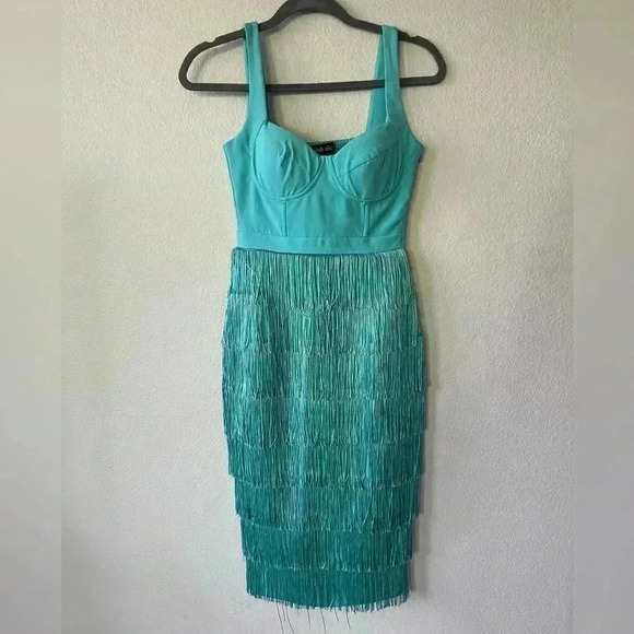 Lavish Alice Underwired Fringe Midi Dress in Aqua Women’s Size 2 NWOT - Picture 2 of 16